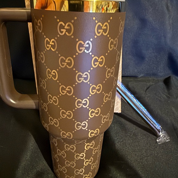 New Stanley 40oz GucLaserci Engraved Brown and Gold Tumbler w/ Brown Straw - Picture 7 of 8